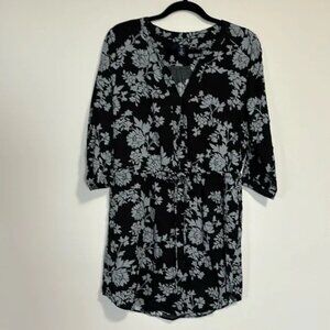 Dress Cinch Drawstring Waist Shirt Tail Hem Black with Grey Floral Small